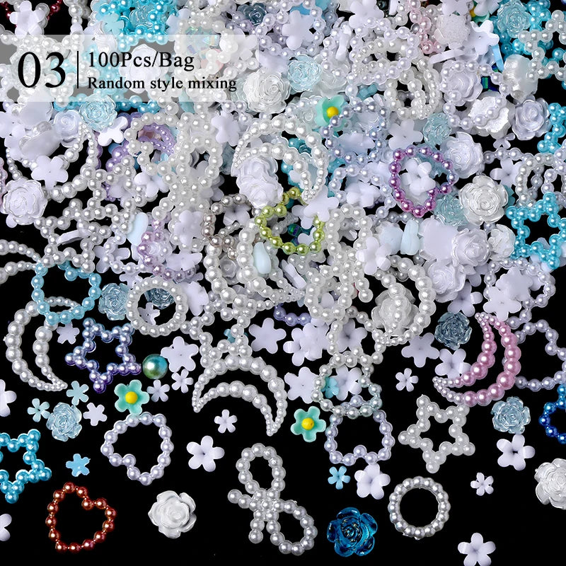 100pcs/200pcs Mixed Pearl Nail Rhinestones 3D Half Round Pearl Bead Colorful Love Heart Star Nail