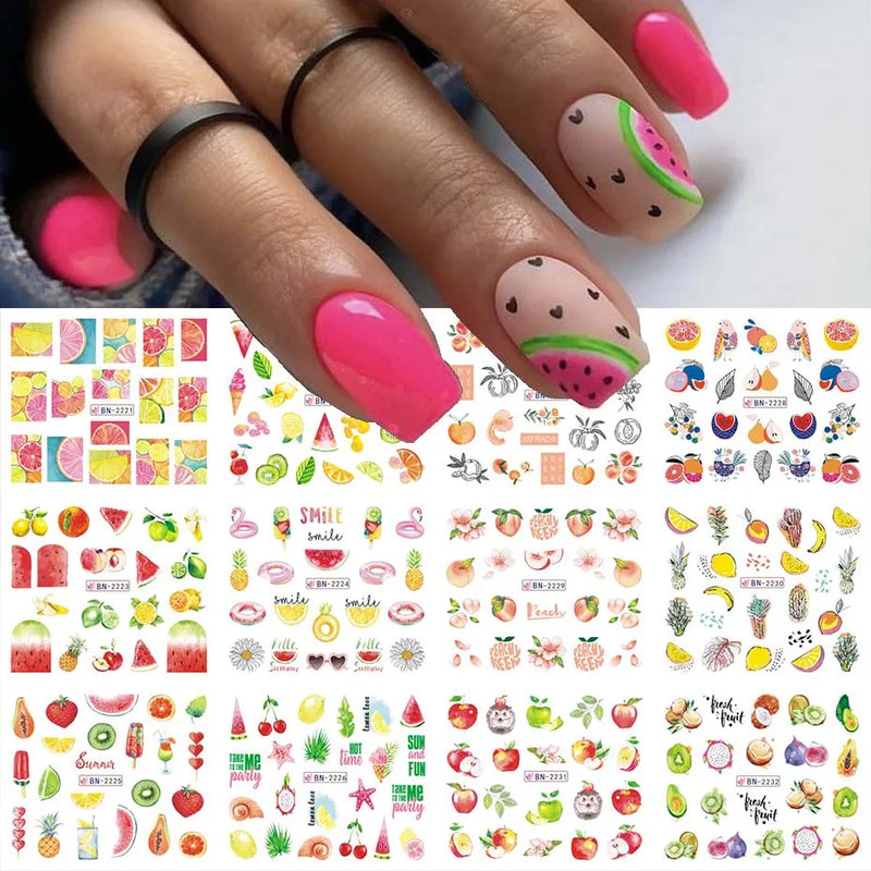 12PCS Summer Nail Art Stickers – Ink Flowers, Leaves & Graffiti Water Decals Set