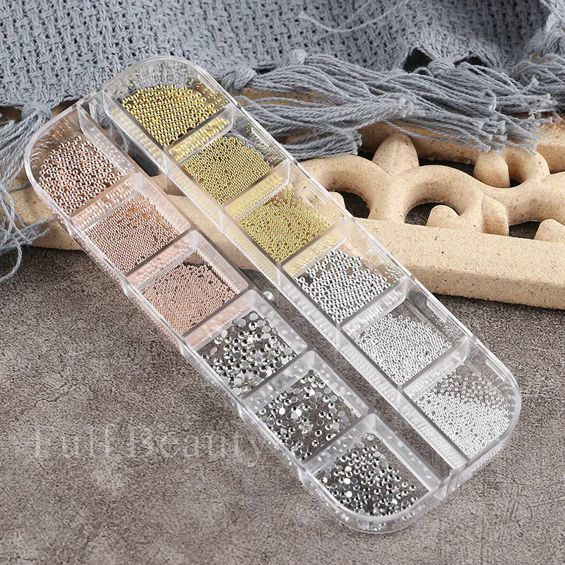 White Pearl Nail Art Rhinestones – Mixed Size Half Round Flatback Beads (12 Grids, Acrylic Stones)