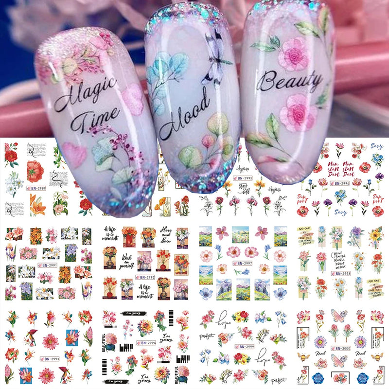 12PCS Summer Nail Art Stickers – Ink Flowers, Leaves & Graffiti Water Decals Set