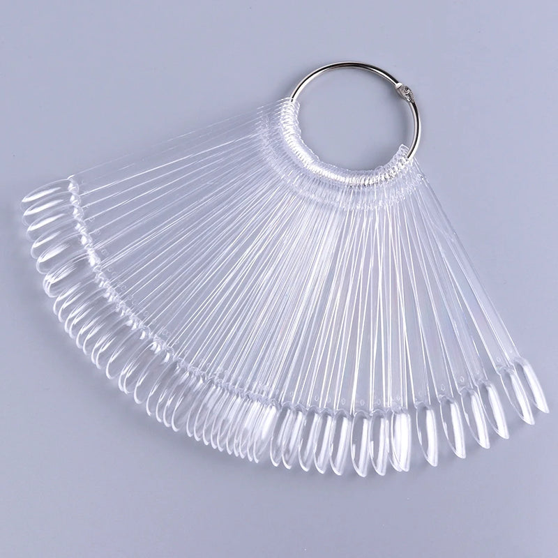 50pcs Fan-Shaped Nail Display Tips – Clear & Natural Colour Swatch Chart