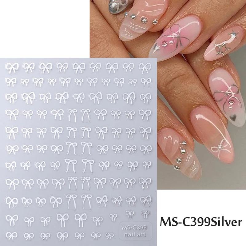 Mini Bowknot Nail Art Stickers – Self-Adhesive Lace Ribbon & Butterfly Decals, Black/White/Pink