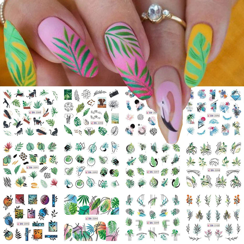 12PCS Summer Nail Art Stickers – Ink Flowers, Leaves & Graffiti Water Decals Set