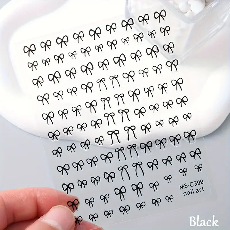 Mini Bowknot Nail Art Stickers – Self-Adhesive Lace Ribbon & Butterfly Decals, Black/White/Pink