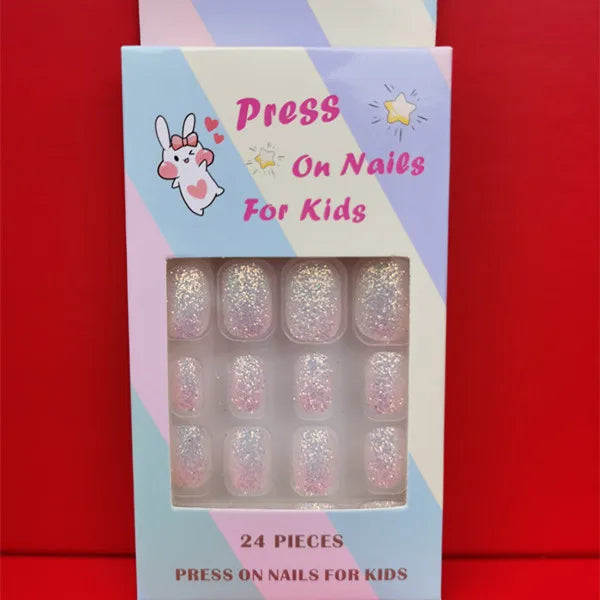 24Pcs Kids Press-On Nails – Glitter Bling Fake Nail Tips, DIY Manicure for Girls Aged 6+