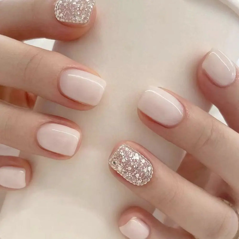 24pcs Short Round Full Cover Detachable Press-On Nails - French Blue & Pearl White with Heart Design