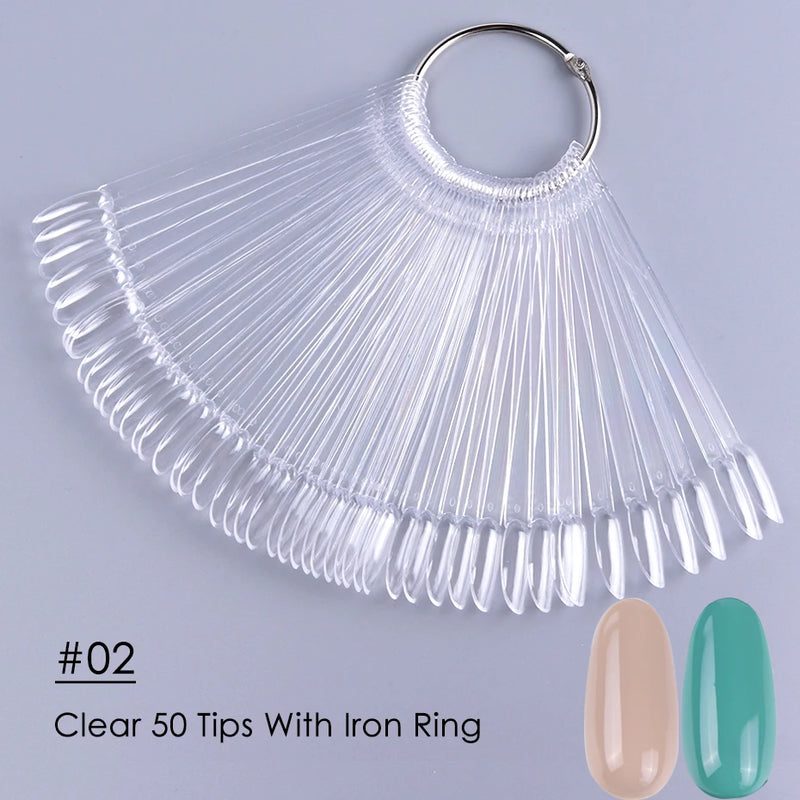 50pcs Fan-Shaped Nail Display Tips – Clear & Natural Colour Swatch Chart