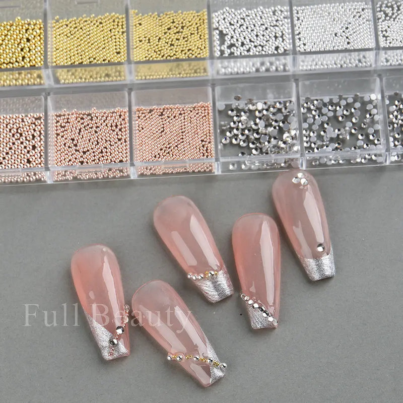 White Pearl Nail Art Rhinestones – Mixed Size Half Round Flatback Beads (12 Grids, Acrylic Stones)