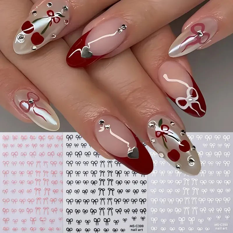 Mini Bowknot Nail Art Stickers – Self-Adhesive Lace Ribbon & Butterfly Decals, Black/White/Pink