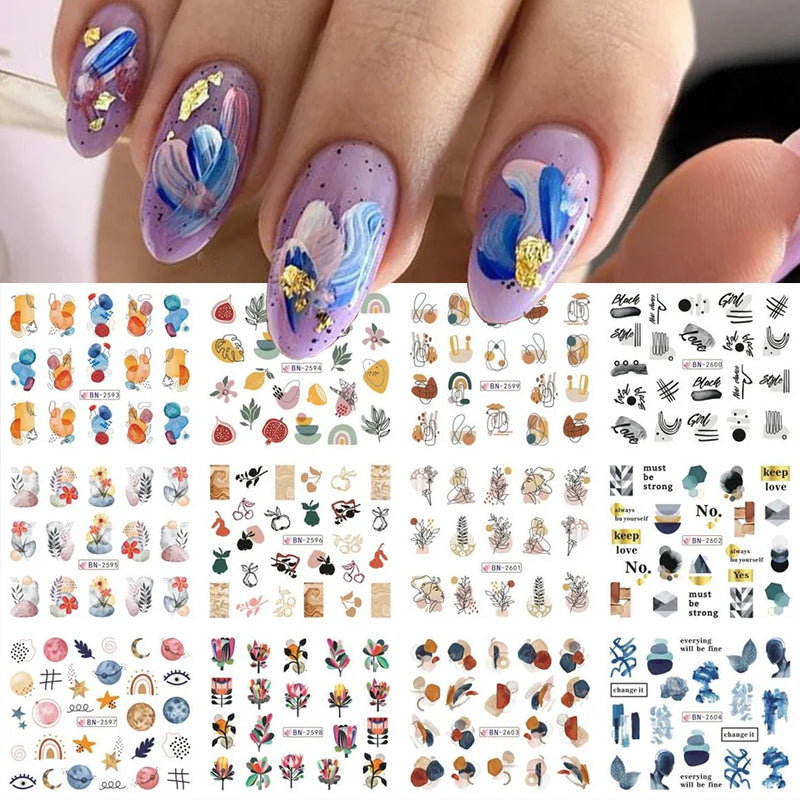 12PCS Summer Nail Art Stickers – Ink Flowers, Leaves & Graffiti Water Decals Set