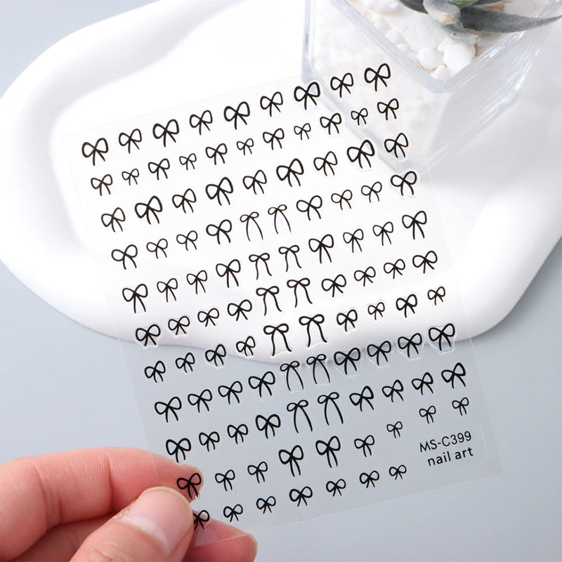 Mini Bowknot Nail Art Stickers – Self-Adhesive Lace Ribbon & Butterfly Decals, Black/White/Pink