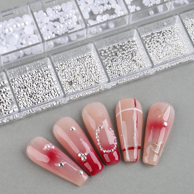 White Pearl Nail Art Rhinestones – Mixed Size Half Round Flatback Beads (12 Grids, Acrylic Stones)