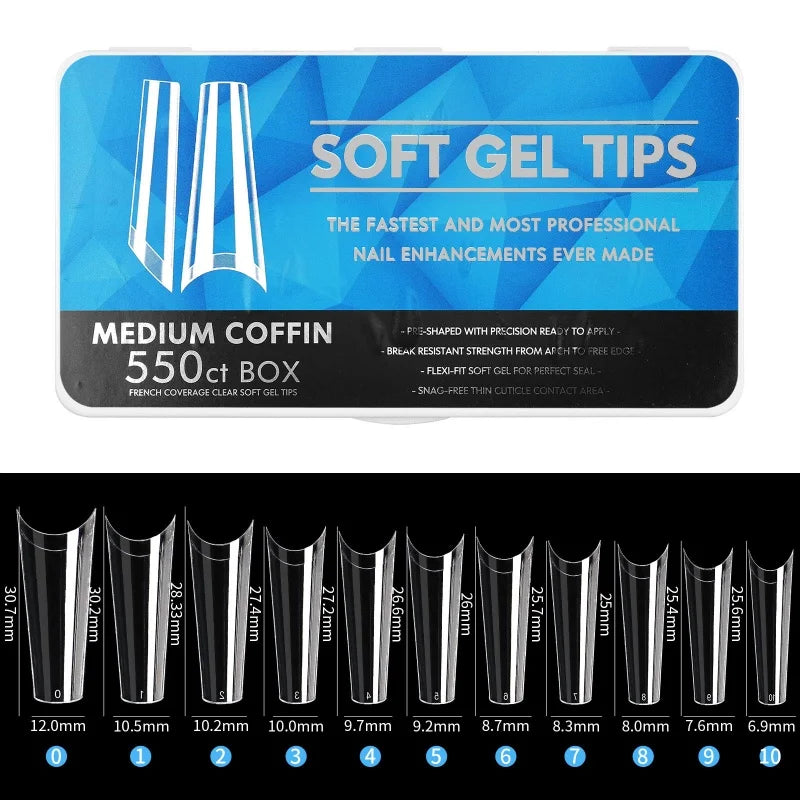 1 Box Clear Long False Nails – Almond & Coffin Soft Gel Tips for Extensions
