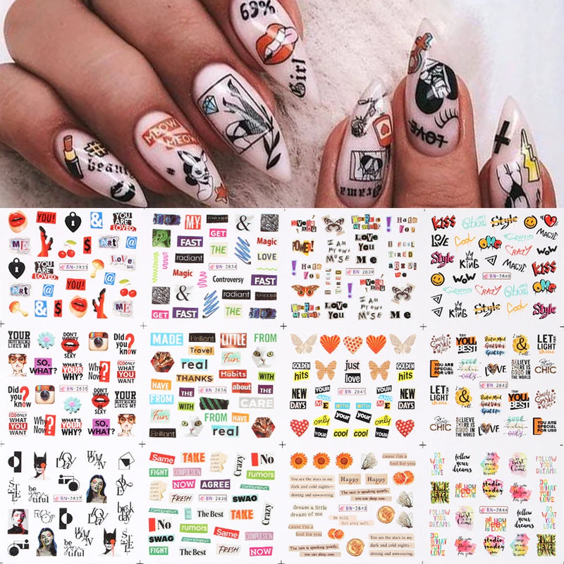 12PCS Summer Nail Art Stickers – Ink Flowers, Leaves & Graffiti Water Decals Set