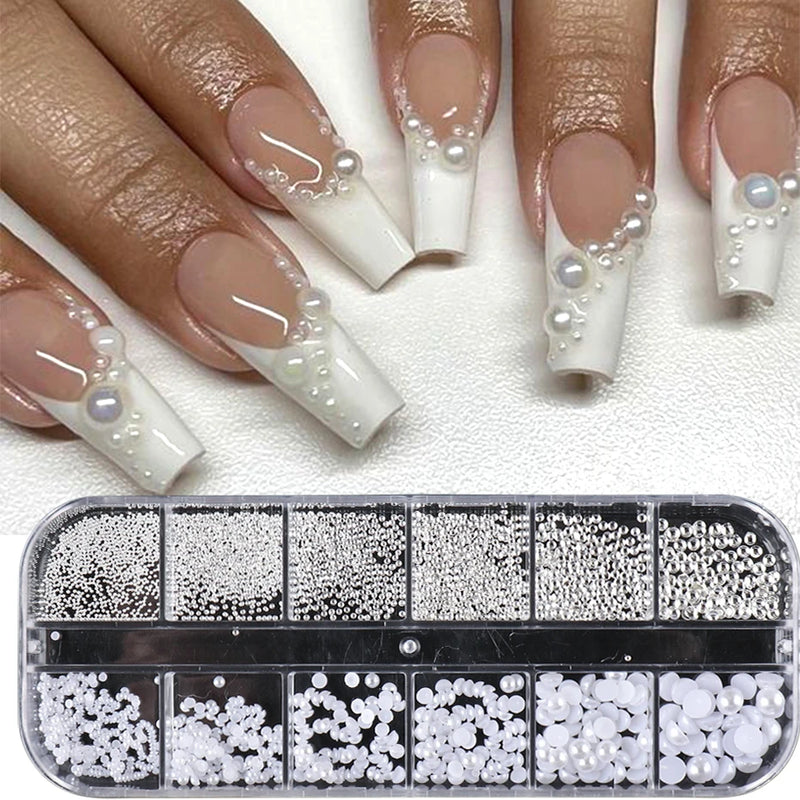 White Pearl Nail Art Rhinestones – Mixed Size Half Round Flatback Beads (12 Grids, Acrylic Stones)