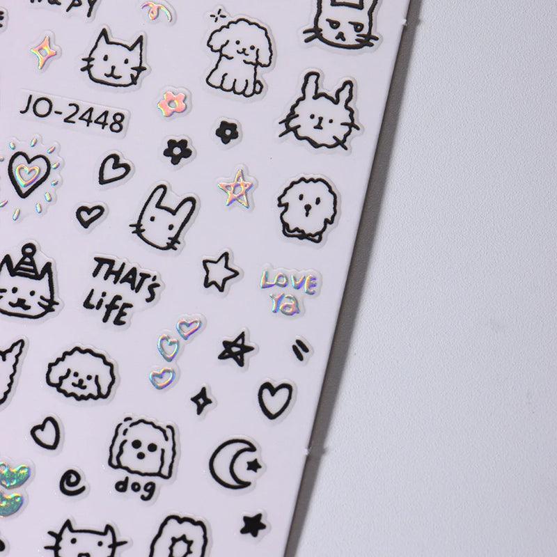 2pcs Cartoon Cat Holographic Nail Stickers – Childlike Heart & Star Designs in Silver Chrome