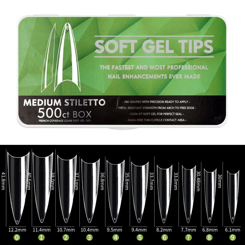 1 Box Clear Long False Nails – Almond & Coffin Soft Gel Tips for Extensions