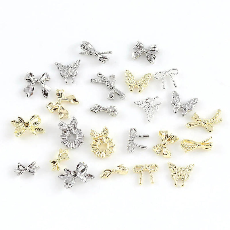 10Pcs/lot Alloy Butterfly Nail Charms 3D Bow Nail Jewellery Hollow Gold/Silver Bow Tie Nail Parts