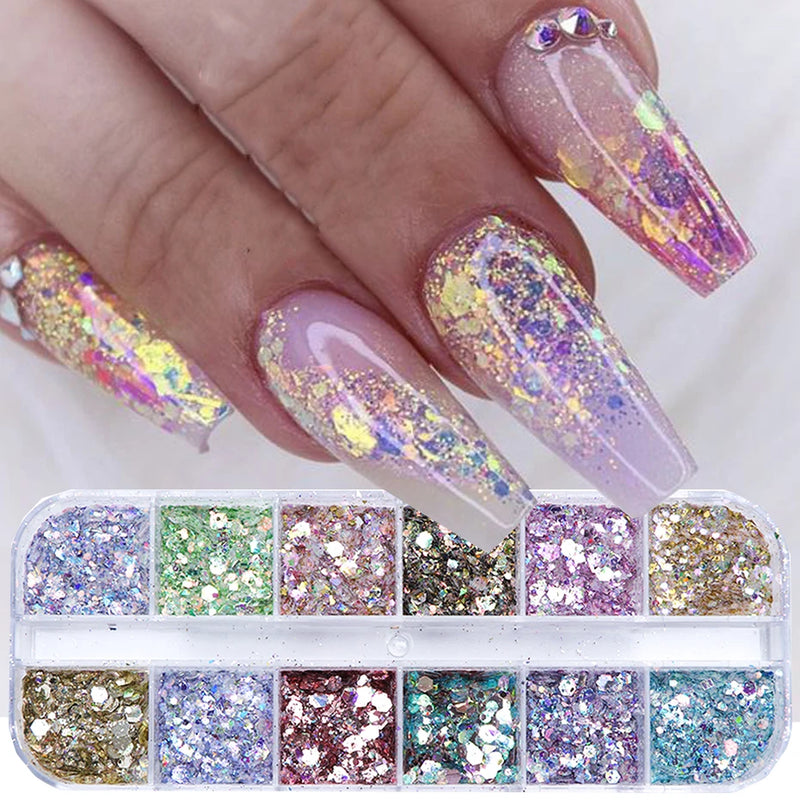 Mirror Iridescent Hexagon Glitter – 12-Grid Holographic Nail Art Sequins Set
