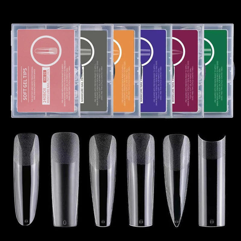 240PCS XXL Long Square Soft Gel Nail Tips – Full & Half Cover 2-in-1 Matte Fake Nails for Extensions