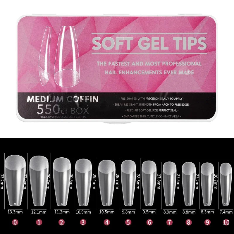 1 Box Clear Long False Nails – Almond & Coffin Soft Gel Tips for Extensions