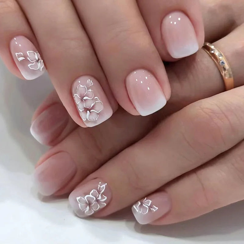 24pcs Short Round Full Cover Detachable Press-On Nails - French Blue & Pearl White with Heart Design