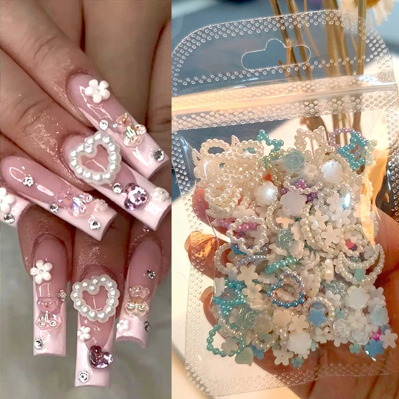 100pcs/200pcs Mixed Pearl Nail Rhinestones 3D Half Round Pearl Bead Colorful Love Heart Star Nail