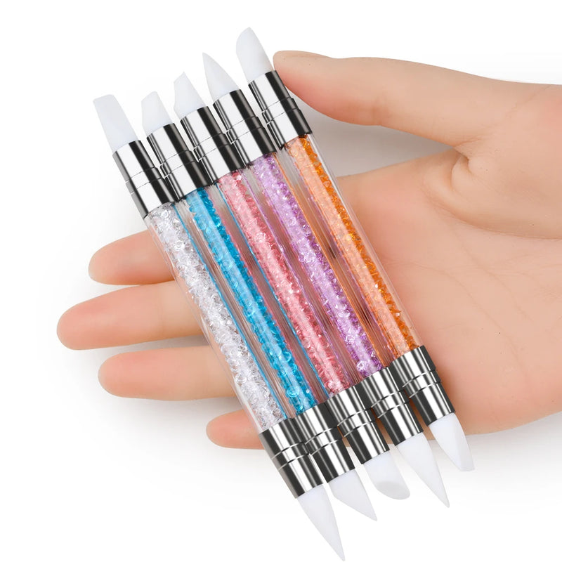 5Pcs Nail Art Sculpture Dotting Pen Set – Dual-Head Silicone Brush for Carving & Painting DIY Nails