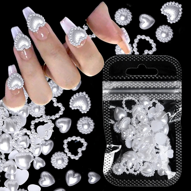 100pcs/200pcs Mixed Pearl Nail Rhinestones 3D Half Round Pearl Bead Colorful Love Heart Star Nail