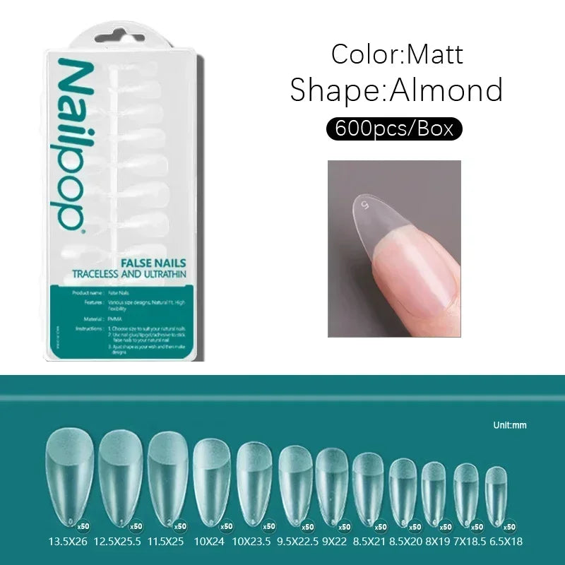 600PCS PRO Full Cover Fake Nail Tips – Clear, Matte & Semi-Matte Acrylic Nail Extensions