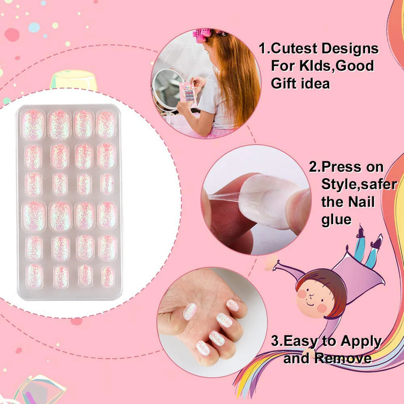 24Pcs Kids Press-On Nails – Glitter Bling Fake Nail Tips, DIY Manicure for Girls Aged 6+