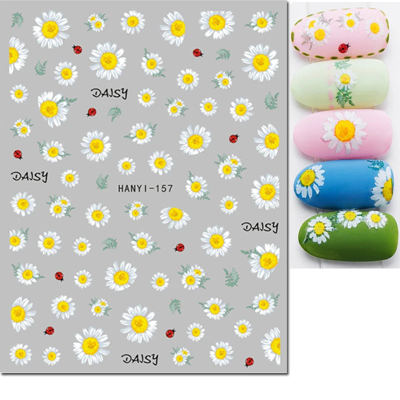 3d Nail Art Decals Summer Daisy Fruits White Florals Petals Flowers Adhesive Sliders Nail Stickers