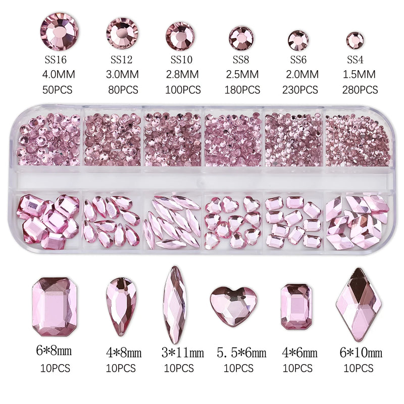 12 Grid Pink Crystal Nail Rhinestones – Luxury Nail Charms, Jewellery & Gems for Nail Art Decoration