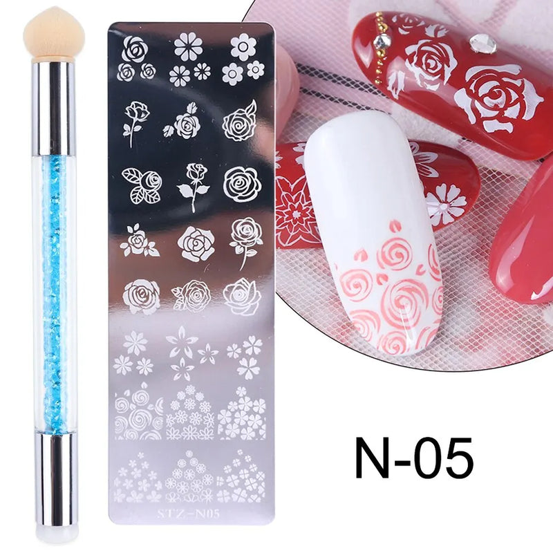 Nail Stamping Plates Set with Silicone Stamper Brush – Flower & Geometry Transfer Templates