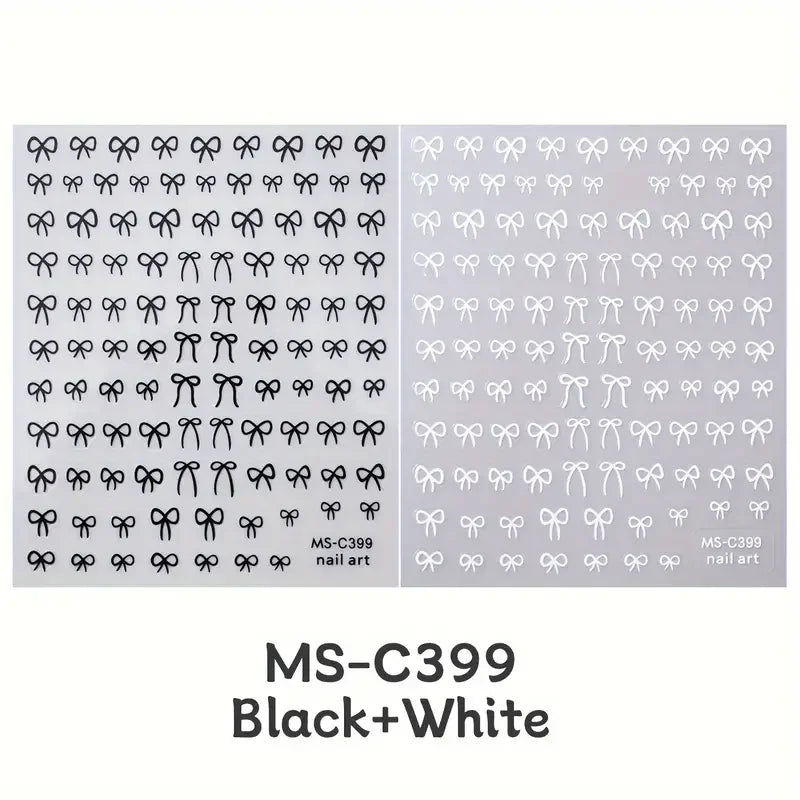 Mini Bowknot Nail Art Stickers – Self-Adhesive Lace Ribbon & Butterfly Decals, Black/White/Pink