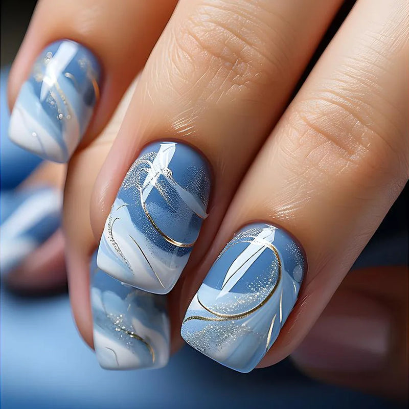 24pcs Short Round Full Cover Detachable Press-On Nails - French Blue & Pearl White with Heart Design