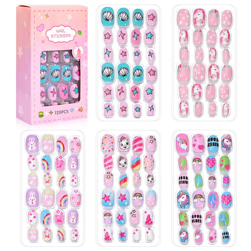 120PCS Pink Cartoon Press-On Nails for Kids – Unicorn, Cat, Bunny Full Cover False Nails