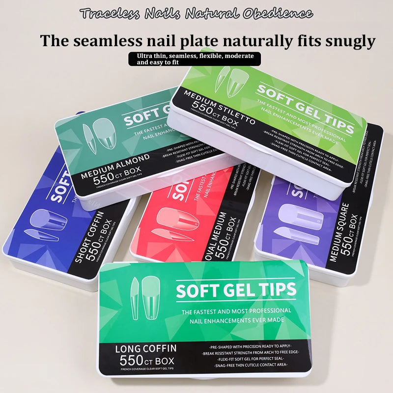 550pcs Soft Gel Nail Tips Set – Full Cover Matte Press-On Tips in Almond & Coffin Shapes