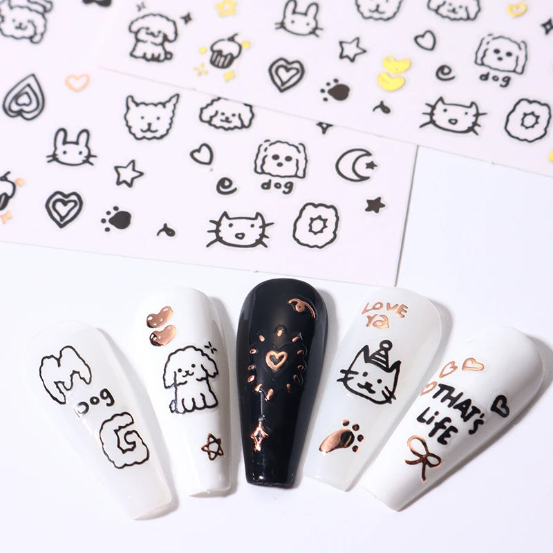 2pcs Cartoon Cat Holographic Nail Stickers – Childlike Heart & Star Designs in Silver Chrome